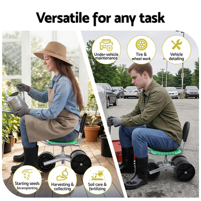Alona.com.au Home & Garden > Garden Tools > Gardening Tools Gardeon Gardening Cart with 360° Swivel Seat | Rolling Work Seat with Adjustable Height & All-Terrain Wheels | 130KG Capacity Heavy Duty Garden Scooter for Back Pain Relief & Vehicle Detailing | Foldable Backrest & Ventilated Seat, Green