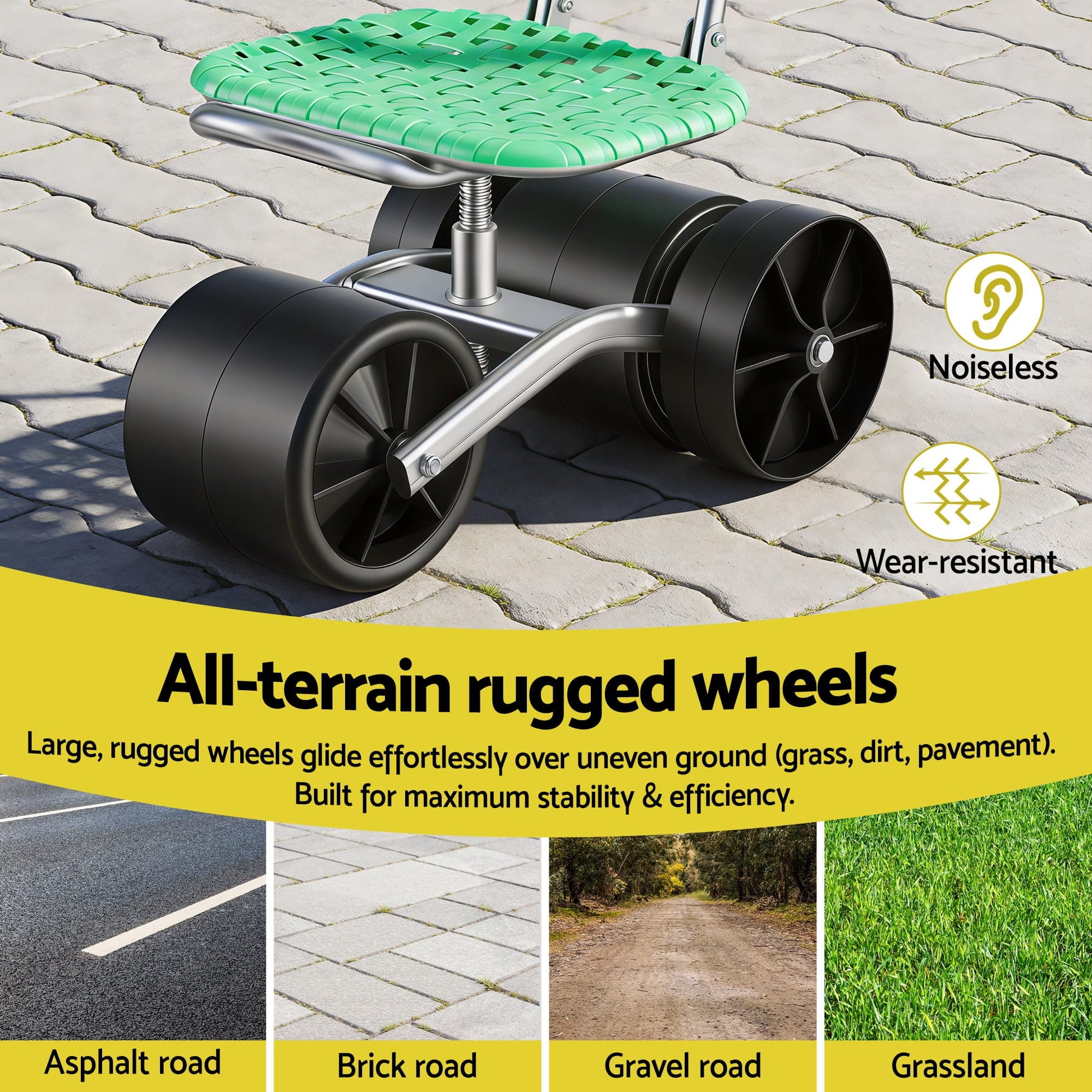 Alona.com.au Home & Garden > Garden Tools > Gardening Tools Gardeon Gardening Cart with 360° Swivel Seat | Rolling Work Seat with Adjustable Height & All-Terrain Wheels | 130KG Capacity Heavy Duty Garden Scooter for Back Pain Relief & Vehicle Detailing | Foldable Backrest & Ventilated Seat, Green