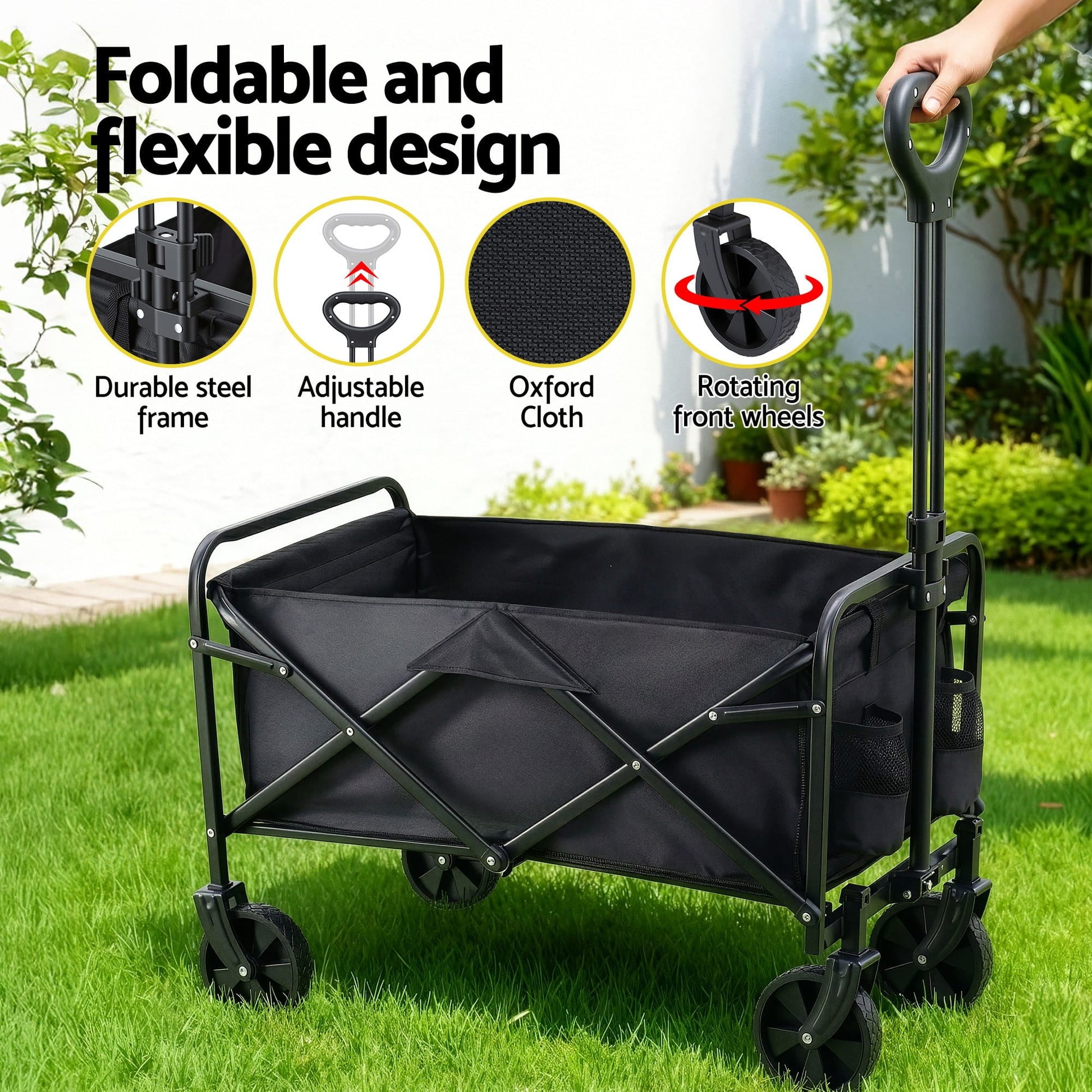 Alona.com.au Home & Garden > Garden Tools > Spreaders & Wheelbarrows Gardeon Garden Cart Folding Trolley Camping Wagon Barrow Outdoor Beach Black