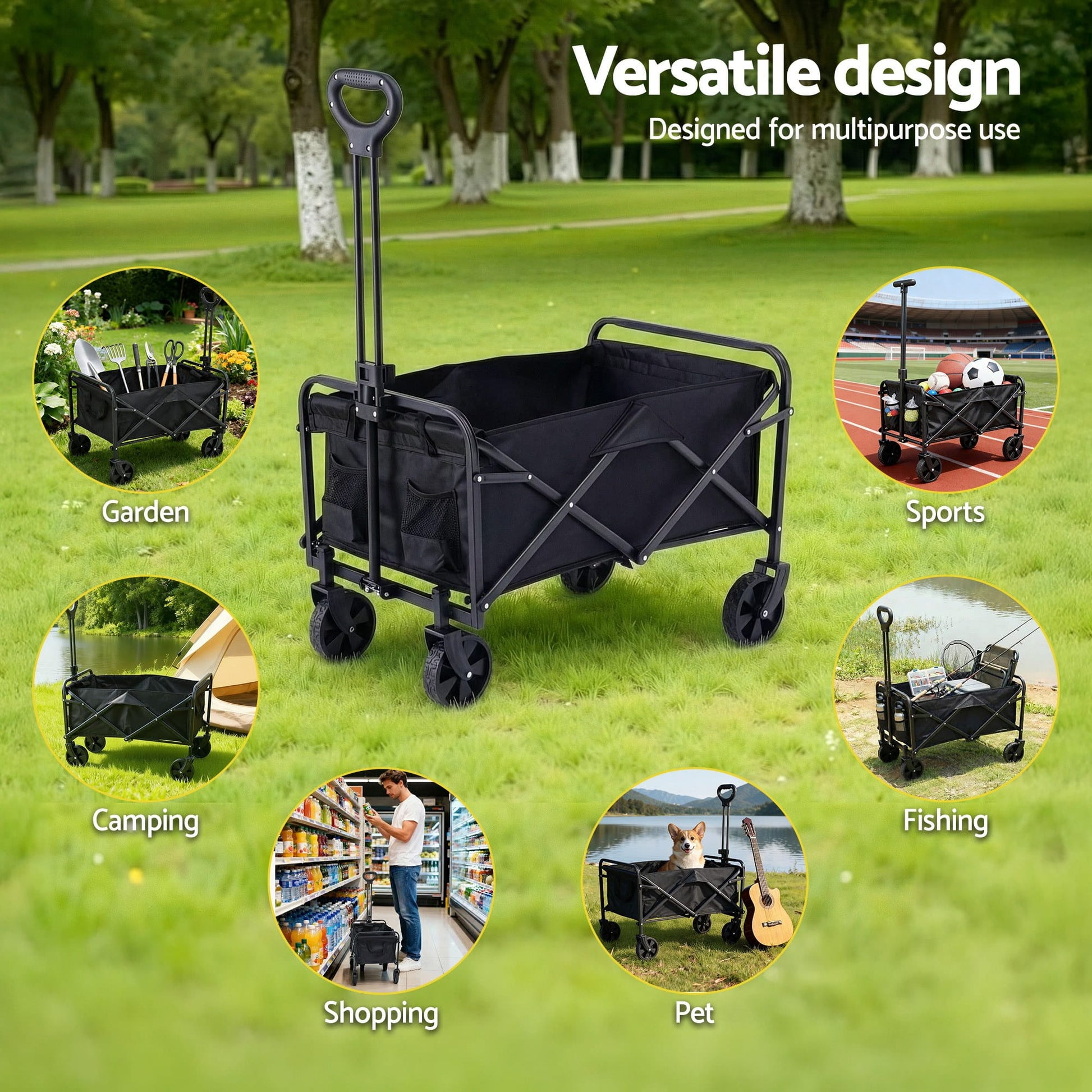 Alona.com.au Home & Garden > Garden Tools > Spreaders & Wheelbarrows Gardeon Garden Cart Folding Trolley Camping Wagon Barrow Outdoor Beach Black