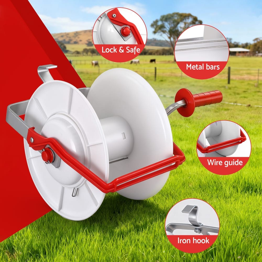 Alona.com.au Home & Garden > Gate Openers > Fence & Gate Accessories Giantz Electric Fence Reel Geared Portable Polywire Fencing Farm White