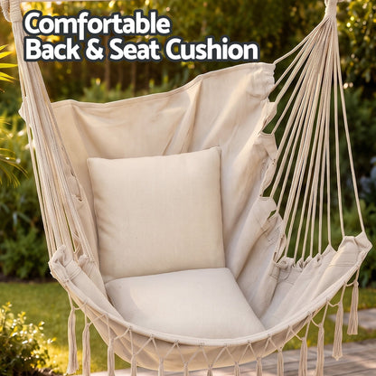 Alona.com.au Home & Garden > Hammocks > Hammocks & Accessories Gardeon Hammock Chair Camping Macrame Hanging Swing Cushions Metal Bar Cream