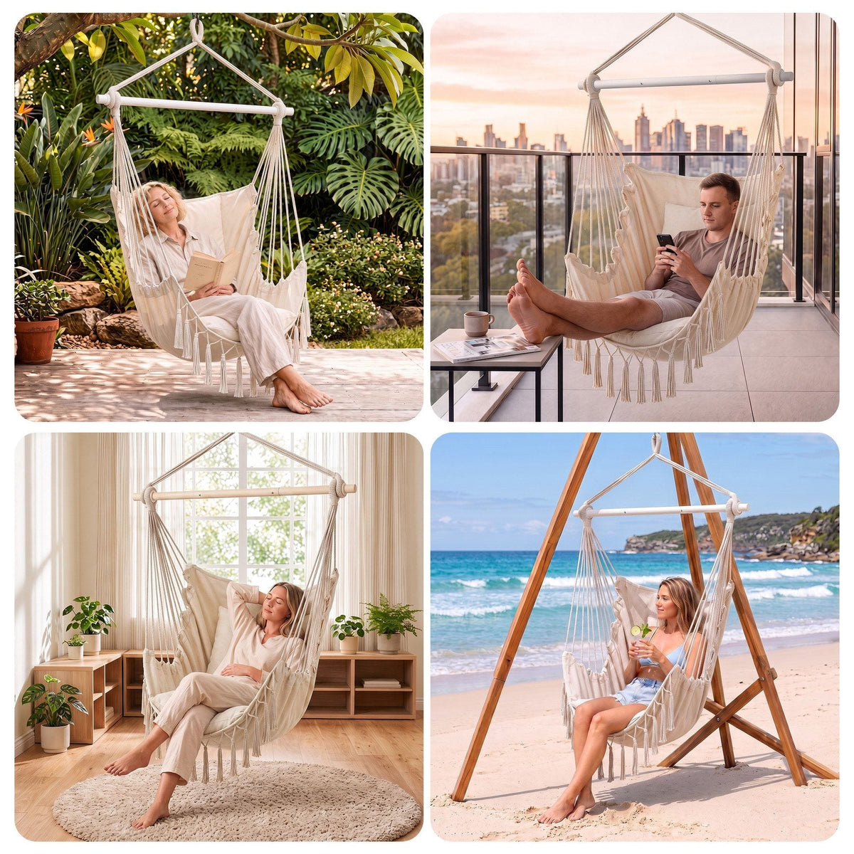 Alona.com.au Home & Garden > Hammocks > Hammocks & Accessories Gardeon Hammock Chair Camping Macrame Hanging Swing Cushions Metal Bar Cream