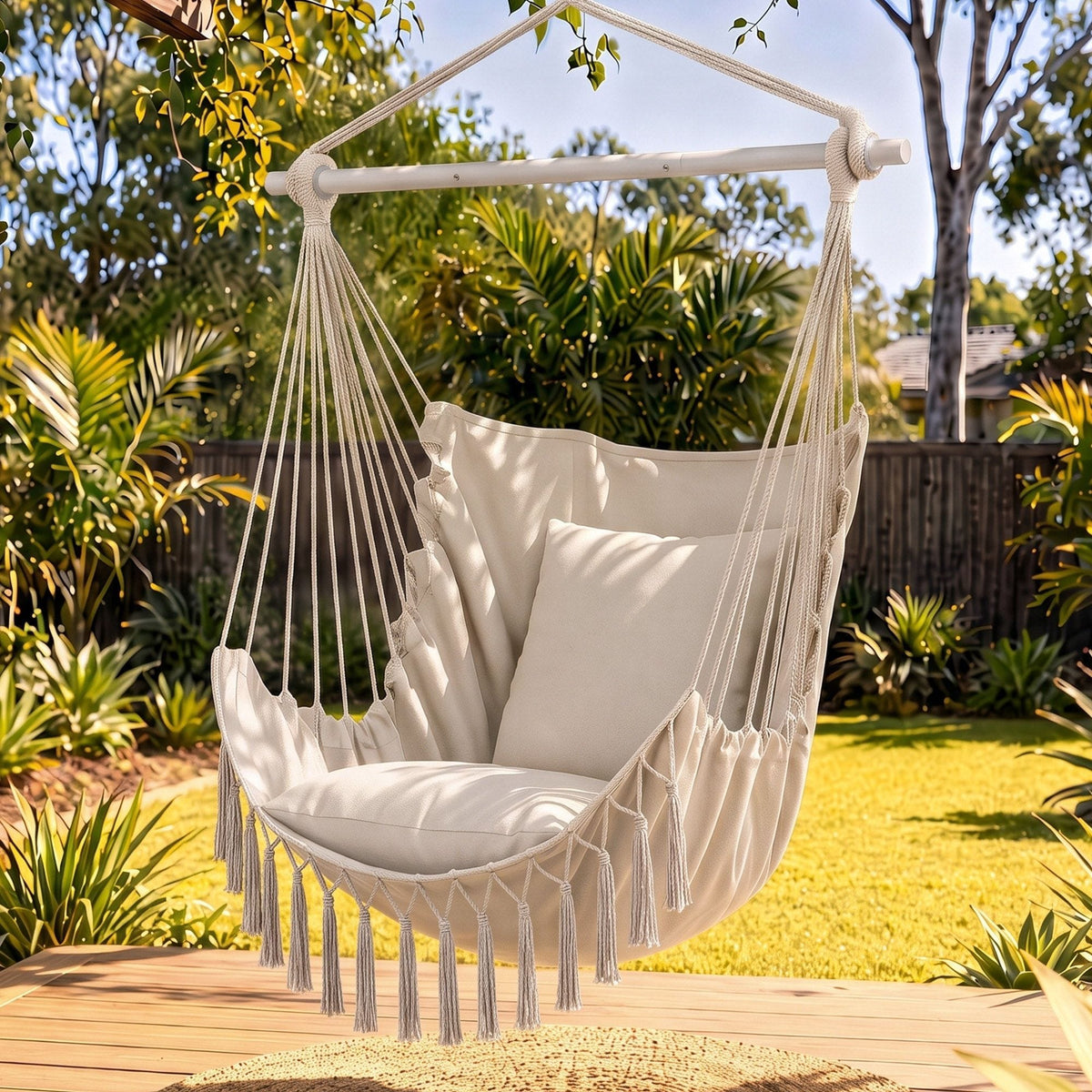 Alona.com.au Home & Garden > Hammocks > Hammocks & Accessories Gardeon Hammock Chair Camping Macrame Hanging Swing Cushions Metal Bar Cream
