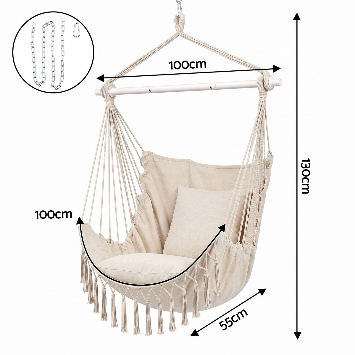 Alona.com.au Home & Garden > Hammocks > Hammocks & Accessories Gardeon Hammock Chair Camping Macrame Hanging Swing Cushions Metal Bar Cream