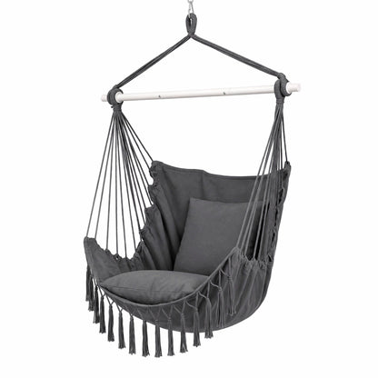 Alona.com.au Home & Garden > Hammocks > Hammocks & Accessories Gardeon Hammock Chair Camping Macrame Hanging Swing Cushions Metal Bar Grey