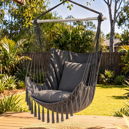 Alona.com.au Home & Garden > Hammocks > Hammocks & Accessories Gardeon Hammock Chair Camping Macrame Hanging Swing Cushions Metal Bar Grey