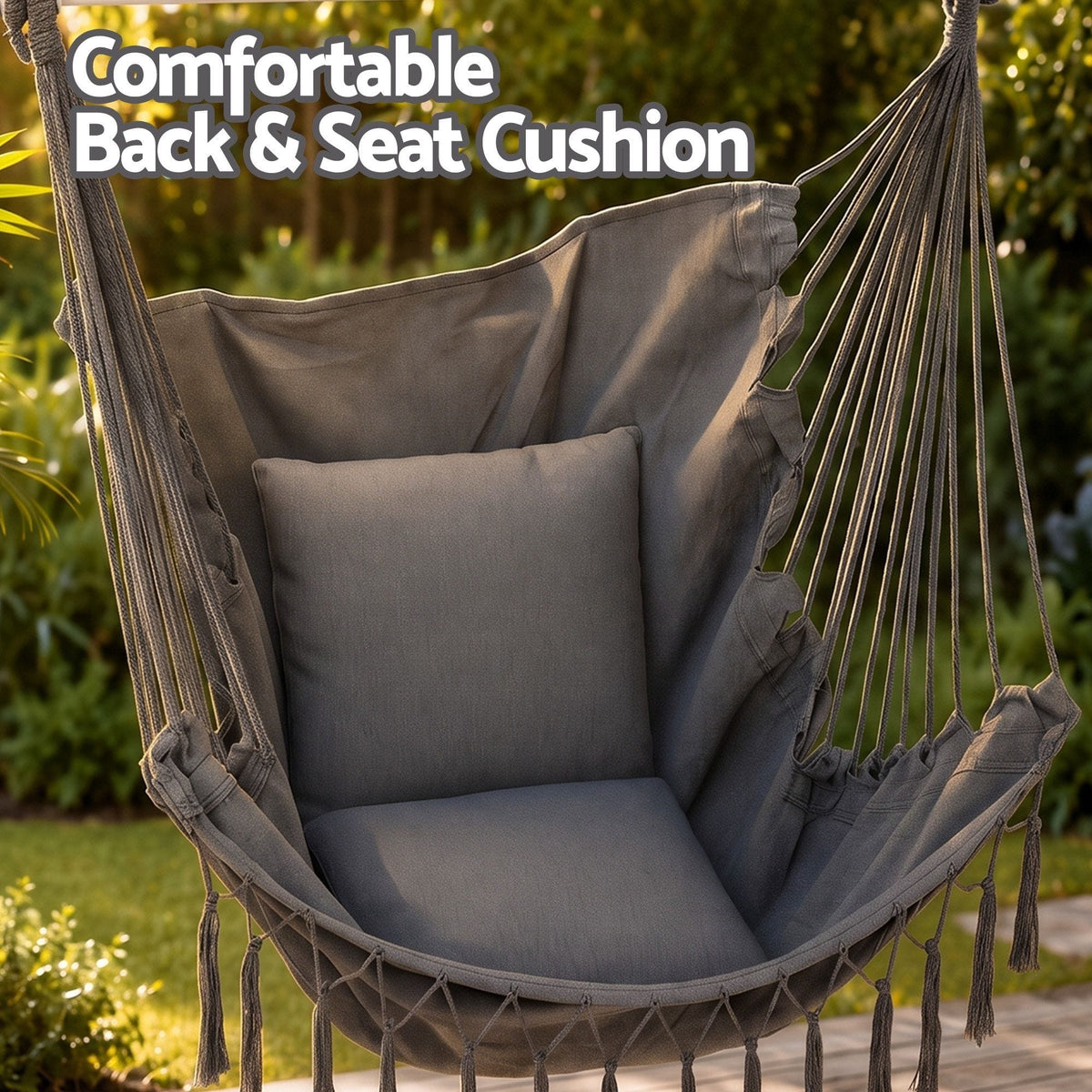 Alona.com.au Home & Garden > Hammocks > Hammocks & Accessories Gardeon Hammock Chair Camping Macrame Hanging Swing Cushions Metal Bar Grey