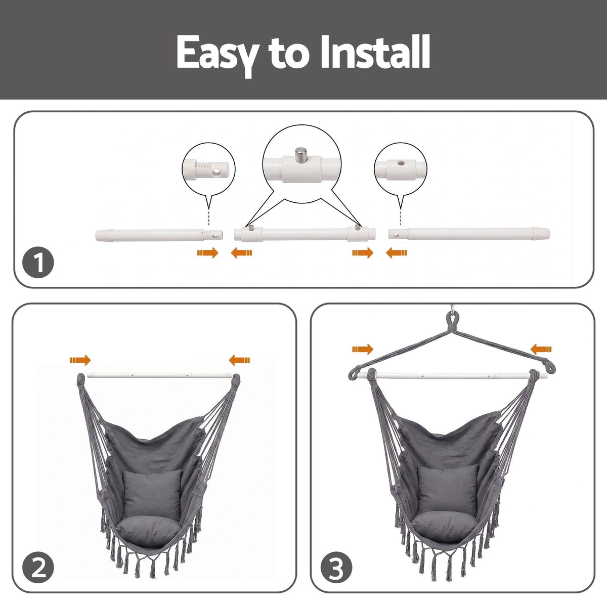 Alona.com.au Home & Garden > Hammocks > Hammocks & Accessories Gardeon Hammock Chair Camping Macrame Hanging Swing Cushions Metal Bar Grey