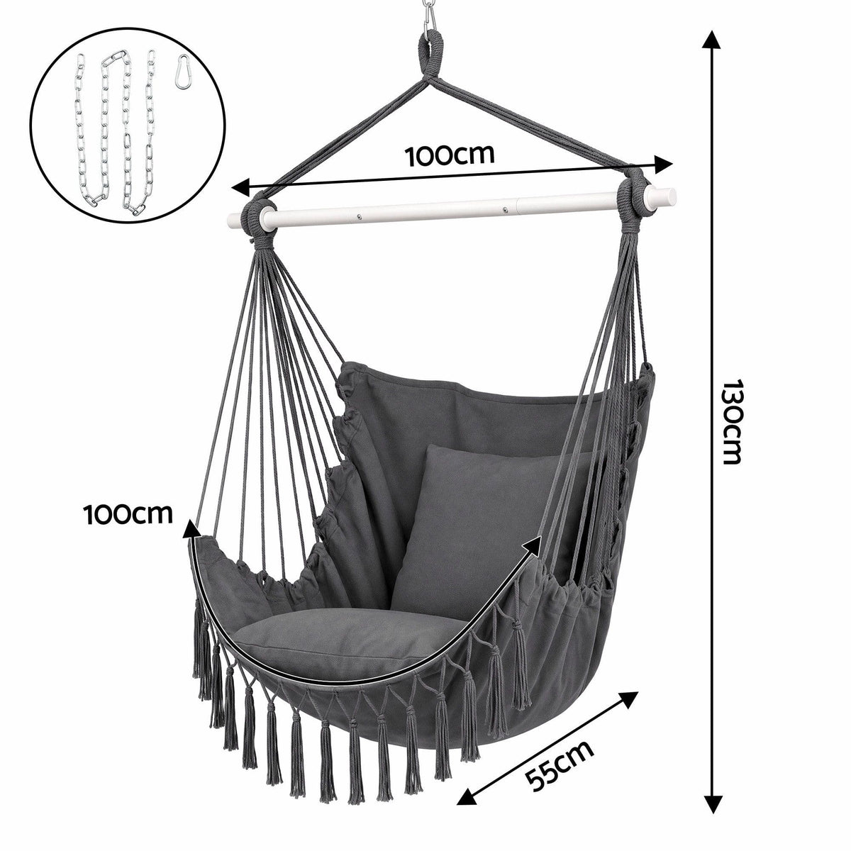 Alona.com.au Home & Garden > Hammocks > Hammocks & Accessories Gardeon Hammock Chair Camping Macrame Hanging Swing Cushions Metal Bar Grey