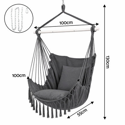 Alona.com.au Home & Garden > Hammocks > Hammocks & Accessories Gardeon Hammock Chair Camping Macrame Hanging Swing Cushions Metal Bar Grey