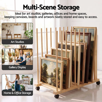 Alona.com.au Home & Garden > Hobbies > Arts & Crafts Artiss Art Drying & Storage Rack with Caster Wheels, Solid Wood Adjustable Slots Rack for Drawing Boards, Panels, Paintings, Artworks Display