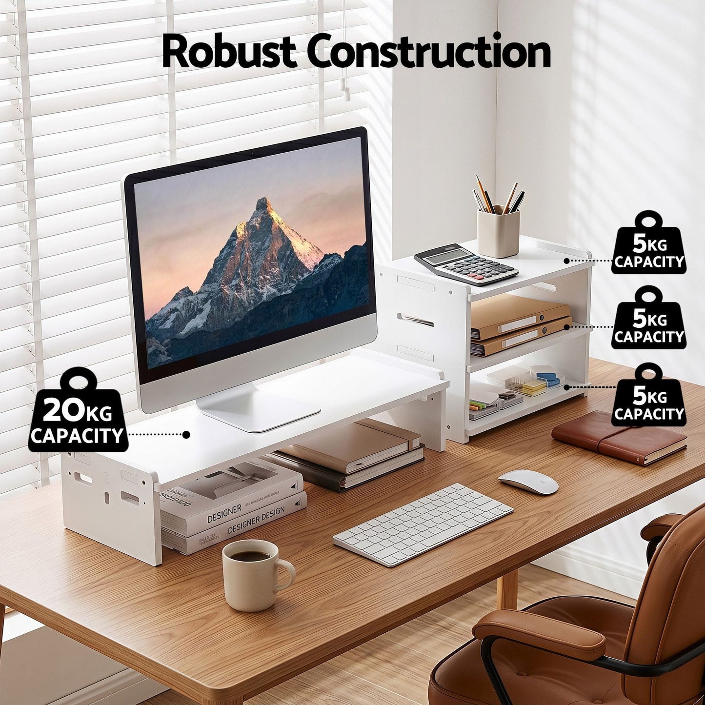 Alona.com.au Home & Garden > Home Office Accessories > Desk Accessories Artiss Monitor Stand and 3-Tier Desk Organiser 2-in-1 Modular Computer Monitor Riser PVC Desktop Shelf Holds 20kg for Office Students Gaming