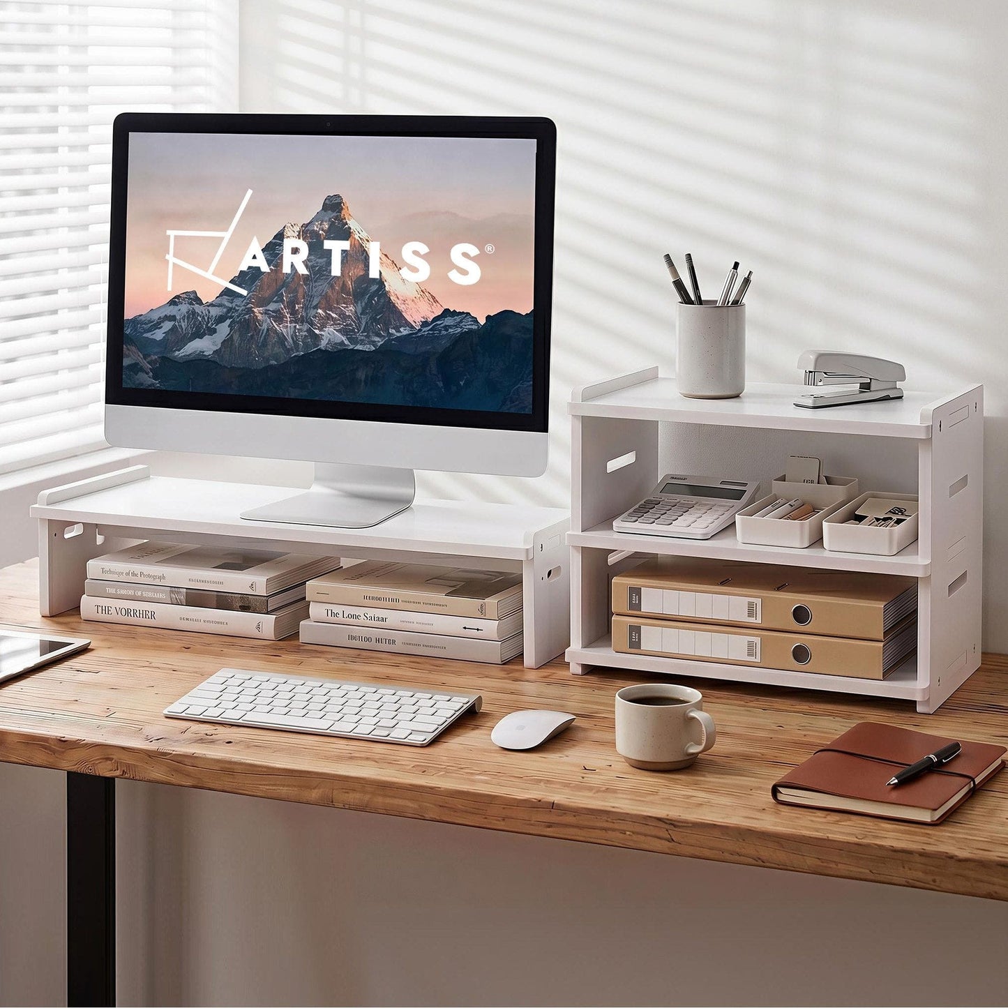 Alona.com.au Home & Garden > Home Office Accessories > Desk Accessories Artiss Monitor Stand and 3-Tier Desk Organiser 2-in-1 Modular Computer Monitor Riser PVC Desktop Shelf Holds 20kg for Office Students Gaming
