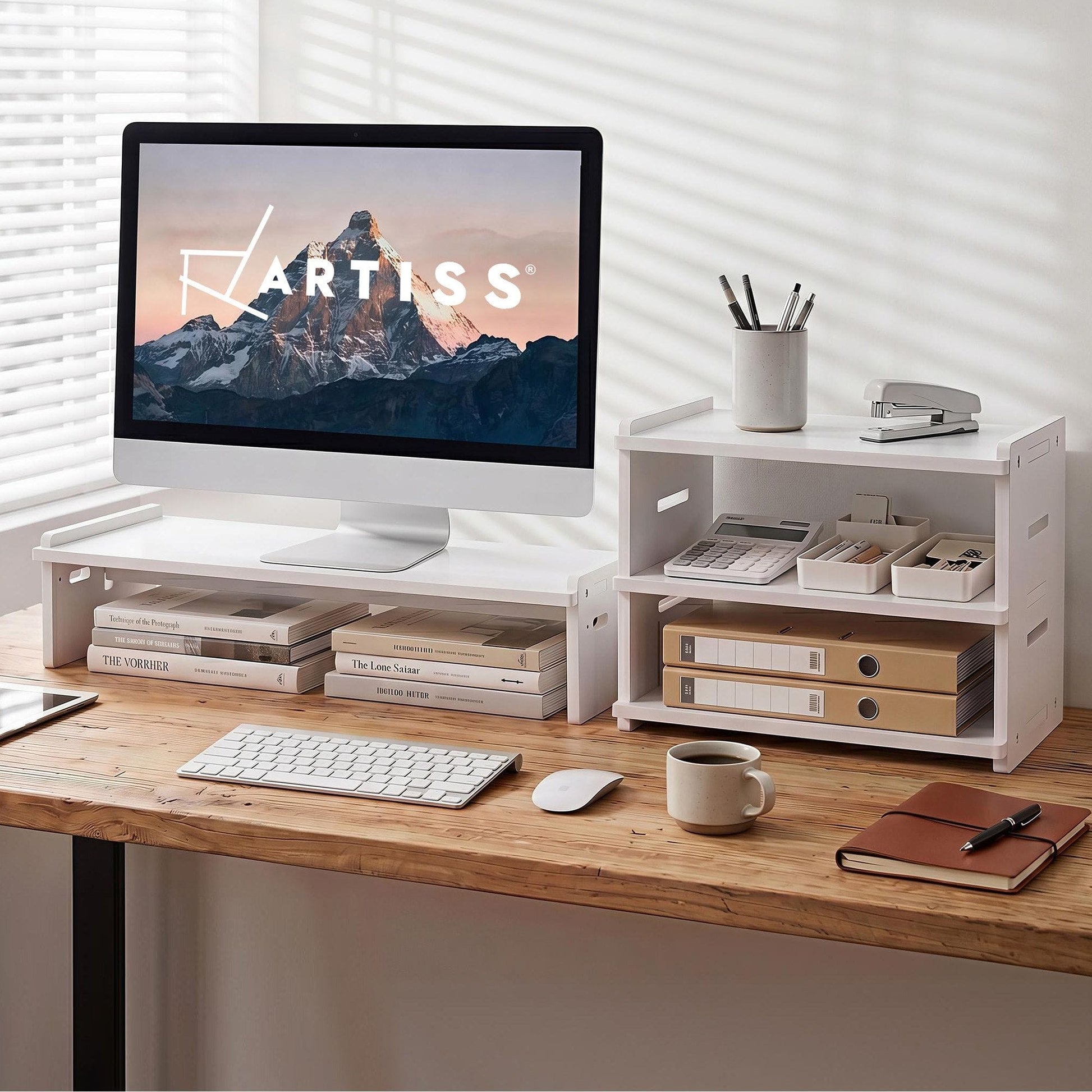 Alona.com.au Home & Garden > Home Office Accessories > Desk Accessories Artiss Monitor Stand and 3-Tier Desk Organiser 2-in-1 Modular Computer Monitor Riser PVC Desktop Shelf Holds 20kg for Office Students Gaming