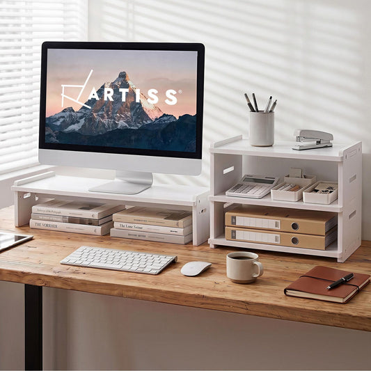 Alona.com.au Home & Garden > Home Office Accessories > Desk Accessories Artiss Monitor Stand and 3-Tier Desk Organiser 2-in-1 Modular Computer Monitor Riser PVC Desktop Shelf Holds 20kg for Office Students Gaming