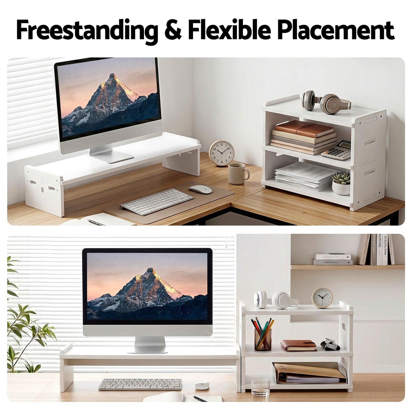 Alona.com.au Home & Garden > Home Office Accessories > Desk Accessories Artiss Monitor Stand and 3-Tier Desk Organiser 2-in-1 Modular Computer Monitor Riser PVC Desktop Shelf Holds 20kg for Office Students Gaming