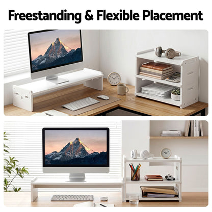 Alona.com.au Home & Garden > Home Office Accessories > Desk Accessories Artiss Monitor Stand and 3-Tier Desk Organiser 2-in-1 Modular Computer Monitor Riser PVC Desktop Shelf Holds 20kg for Office Students Gaming
