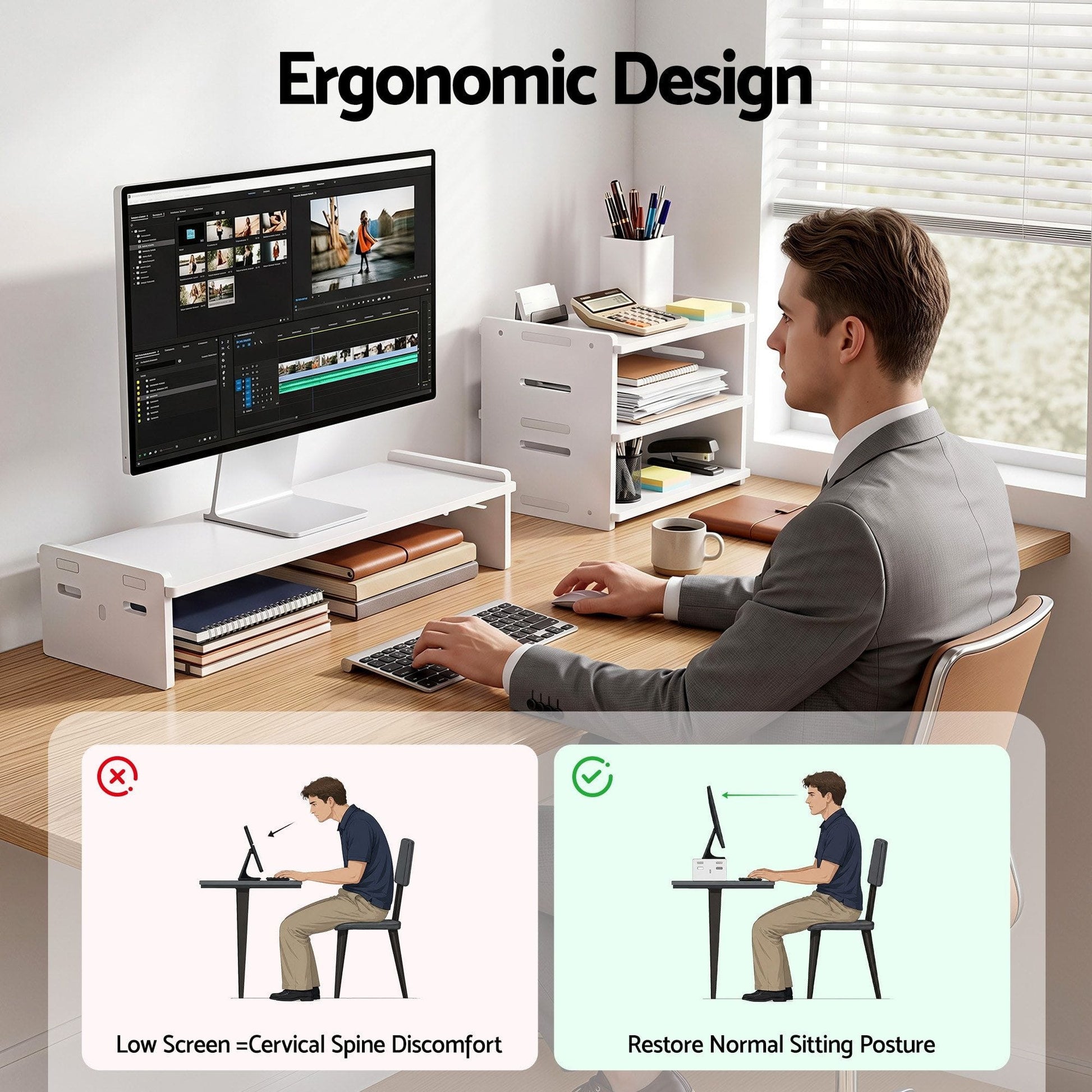 Alona.com.au Home & Garden > Home Office Accessories > Desk Accessories Artiss Monitor Stand and 3-Tier Desk Organiser 2-in-1 Modular Computer Monitor Riser PVC Desktop Shelf Holds 20kg for Office Students Gaming