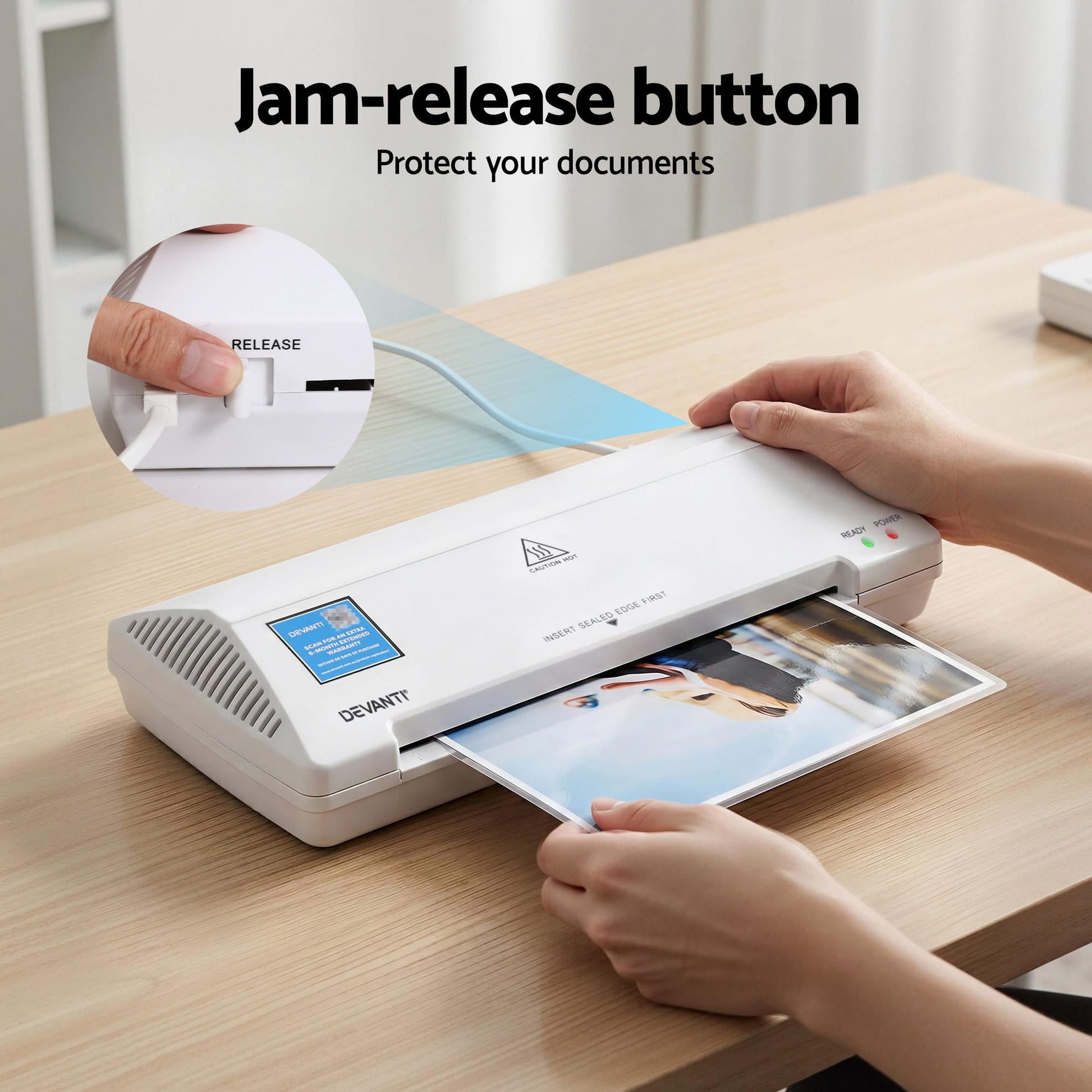 Alona.com.au Home & Garden > Home Office Accessories > Laminators Devanti A4 Laminator Machine, Hot & Cold Thermal Fast Lamination Anti-Jam Laminator for Office School Home Document Photo Card Handmade A4 A5 A6, White