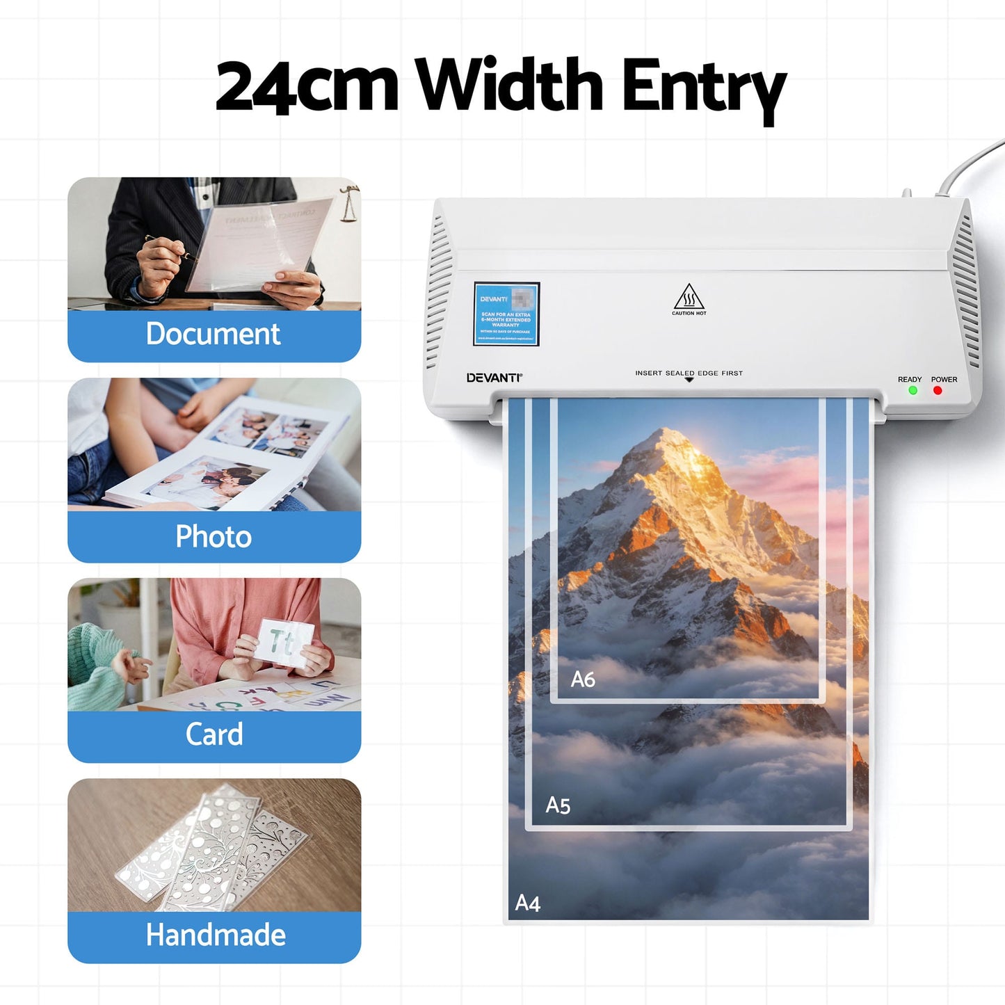 Alona.com.au Home & Garden > Home Office Accessories > Laminators Devanti A4 Laminator Machine, Hot & Cold Thermal Fast Lamination Anti-Jam Laminator for Office School Home Document Photo Card Handmade A4 A5 A6, White