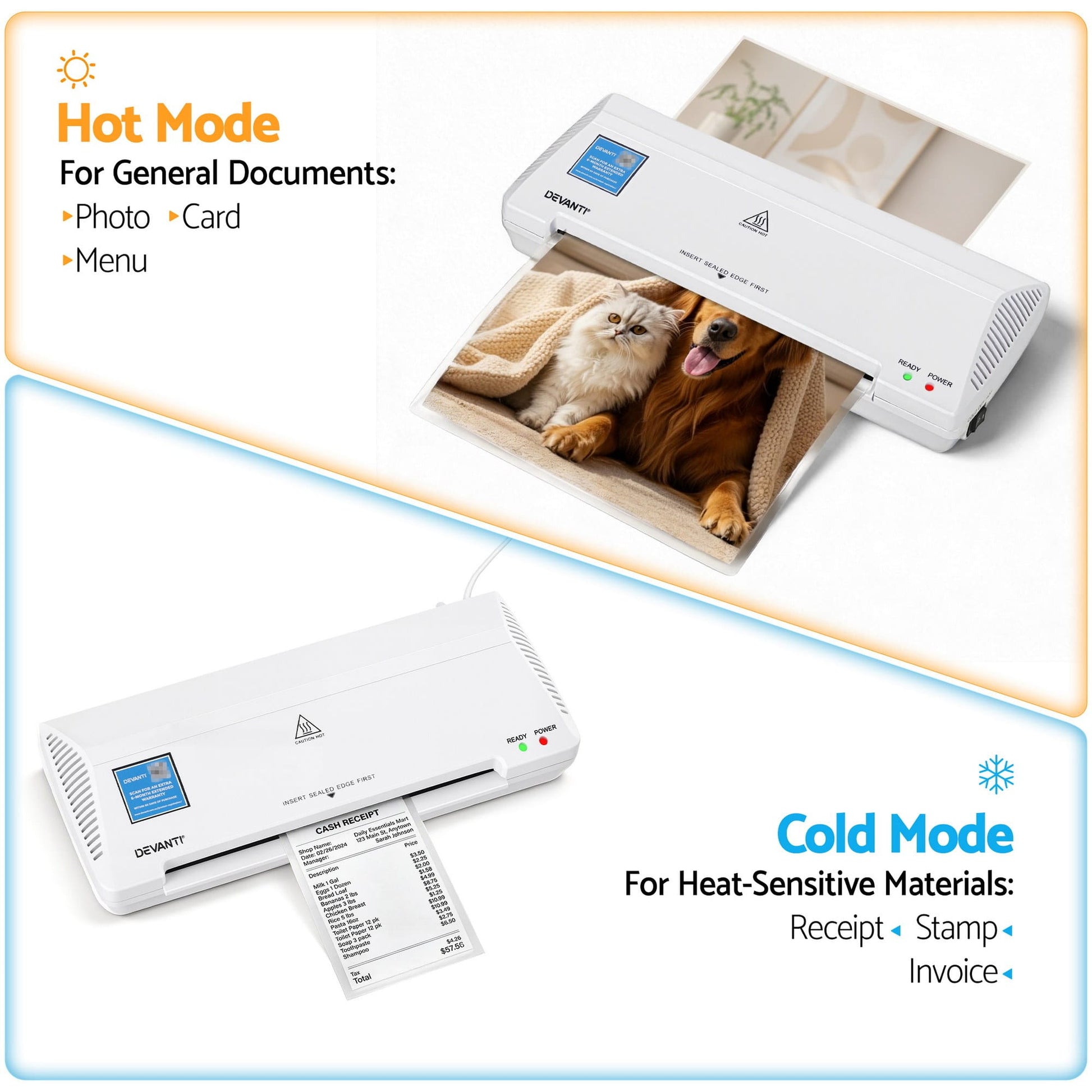 Alona.com.au Home & Garden > Home Office Accessories > Laminators Devanti A4 Laminator Machine, Hot & Cold Thermal Fast Lamination Anti-Jam Laminator for Office School Home Document Photo Card Handmade A4 A5 A6, White