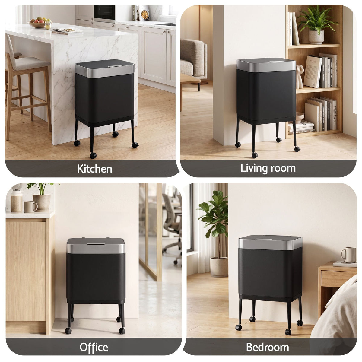 Alona.com.au Home & Garden > Kitchen Bins > Automatic Bins Cefito 40L Press Top Trash Can Kitchen Rubbish Bin Moblie Stainless Steel Black