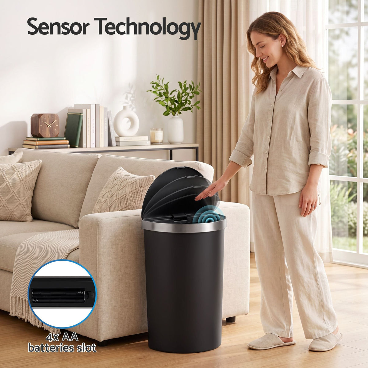 Alona.com.au Home & Garden > Kitchen Bins > Automatic Bins Devanti 50L Sensor Bin D-Shape Trash Can Kitchen Smart Rubbish Bin Black