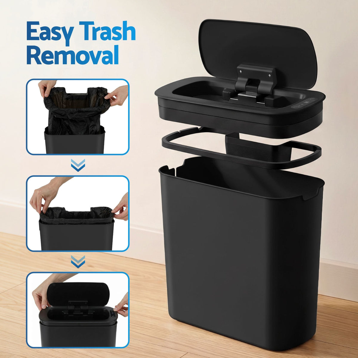 Alona.com.au Home & Garden > Kitchen Bins > Automatic Bins Devanti Automatic Trash Bin with Lid 11L Motion Sensor Kitchen Bin Touchless Garbage Can Modern Black Plastic Slim Rubbish Bin with Liner Holder for Kitchen, Home, Office