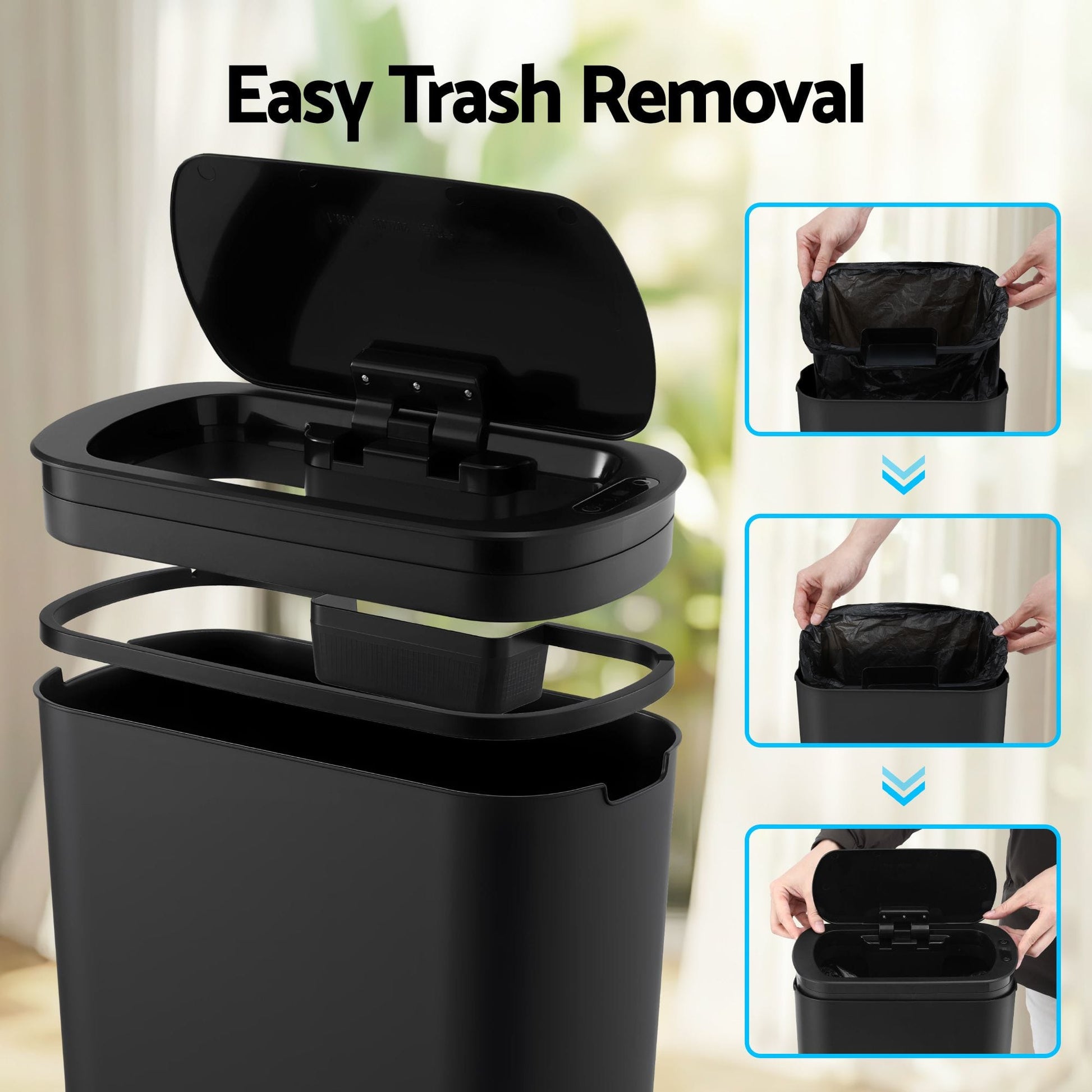 Alona.com.au Home & Garden > Kitchen Bins > Automatic Bins Devanti Automatic Trash Bin with Lid 21L Motion Sensor Kitchen Bin Touchless Garbage Can Modern Black Plastic Slim Rubbish Bin with Liner Holder for Kitchen, Home, Office