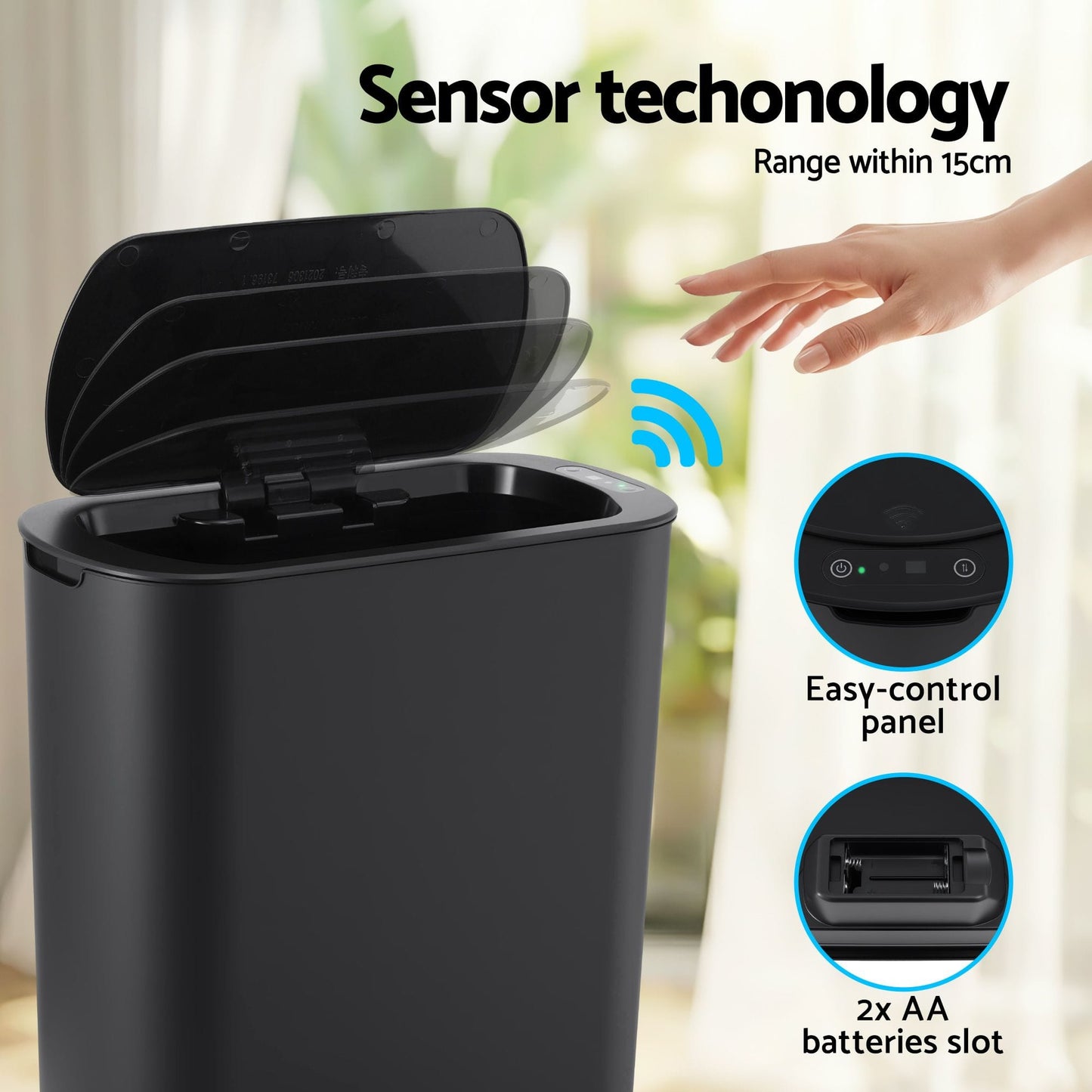 Alona.com.au Home & Garden > Kitchen Bins > Automatic Bins Devanti Automatic Trash Bin with Lid 21L Motion Sensor Kitchen Bin Touchless Garbage Can Modern Black Plastic Slim Rubbish Bin with Liner Holder for Kitchen, Home, Office
