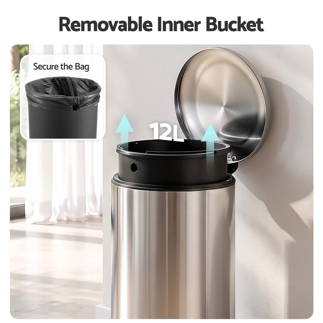 Alona.com.au Home & Garden > Kitchen Bins > Pedal Bins Cefito 12L Pedal Bin Rubbish Waste Bin Soft Close Lid Kitchen Bathroom Silver