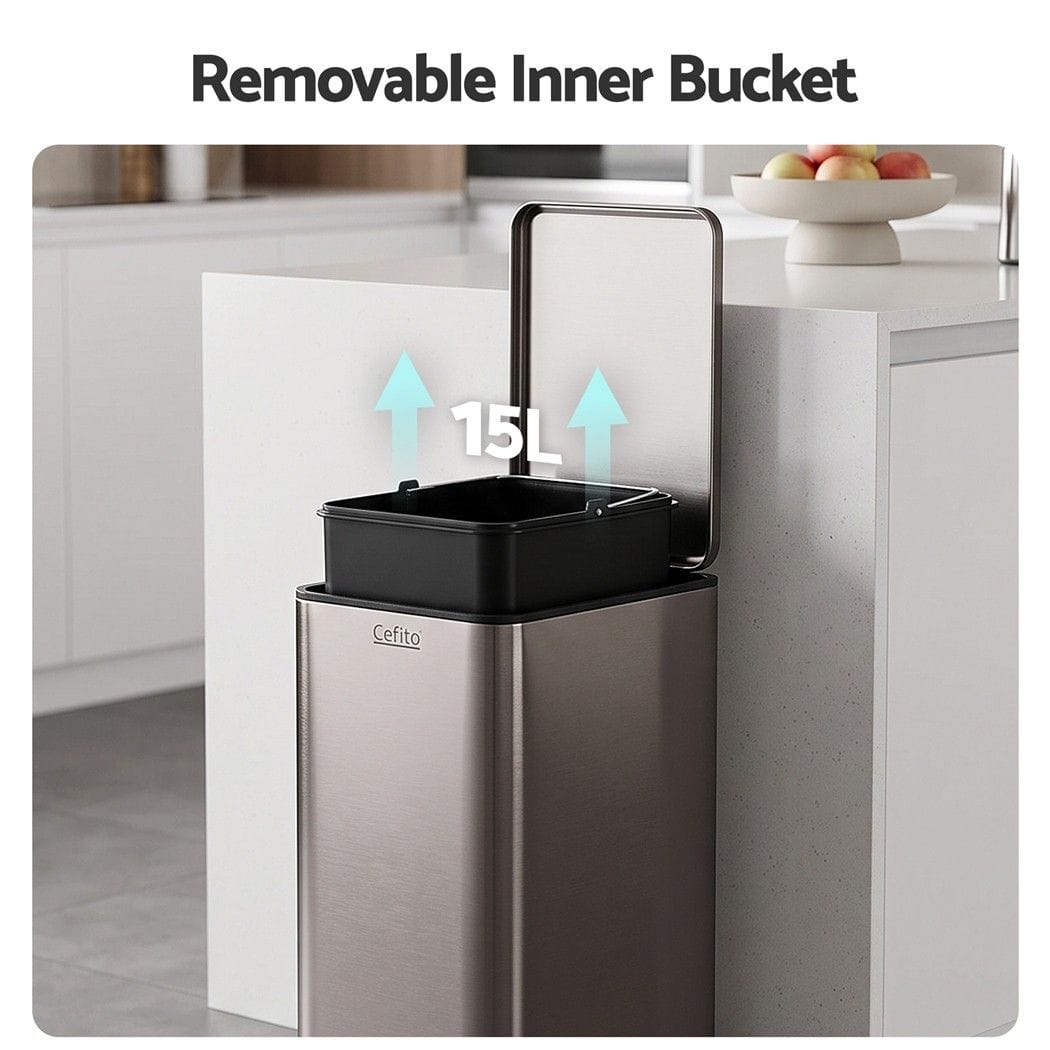Alona.com.au Home & Garden > Kitchen Bins > Pedal Bins Cefito 15L Pedal Rubbish Bin Slim Carbon Steel Garbage Bin for Home Grey