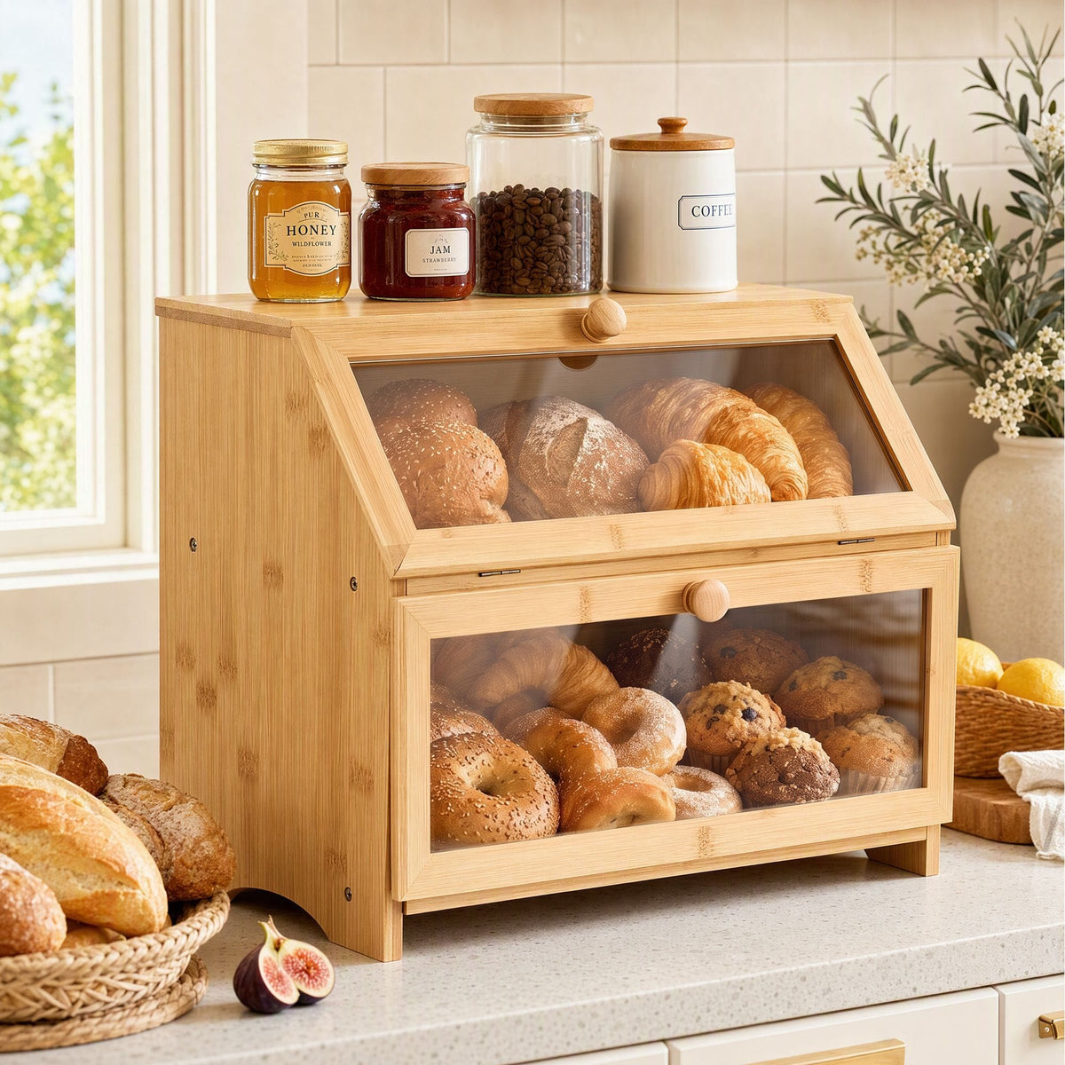 Alona.com.au Home & Garden > Kitchenware > Food Storage Artiss Bamboo Bread Box 2-Tier Kitchen Countertop Storage 39cm Natural