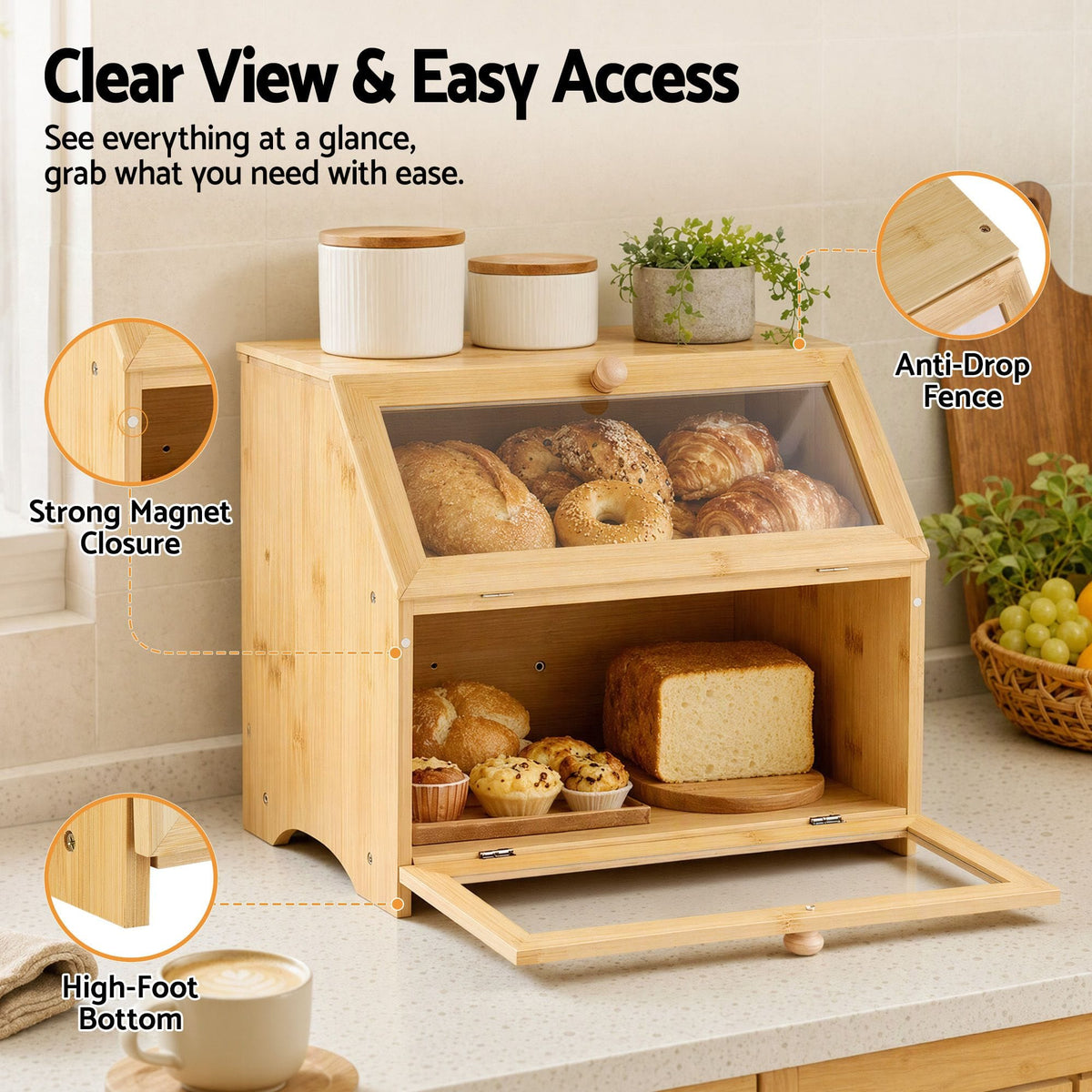 Alona.com.au Home & Garden > Kitchenware > Food Storage Artiss Bamboo Bread Box 2-Tier Kitchen Countertop Storage 39cm Natural