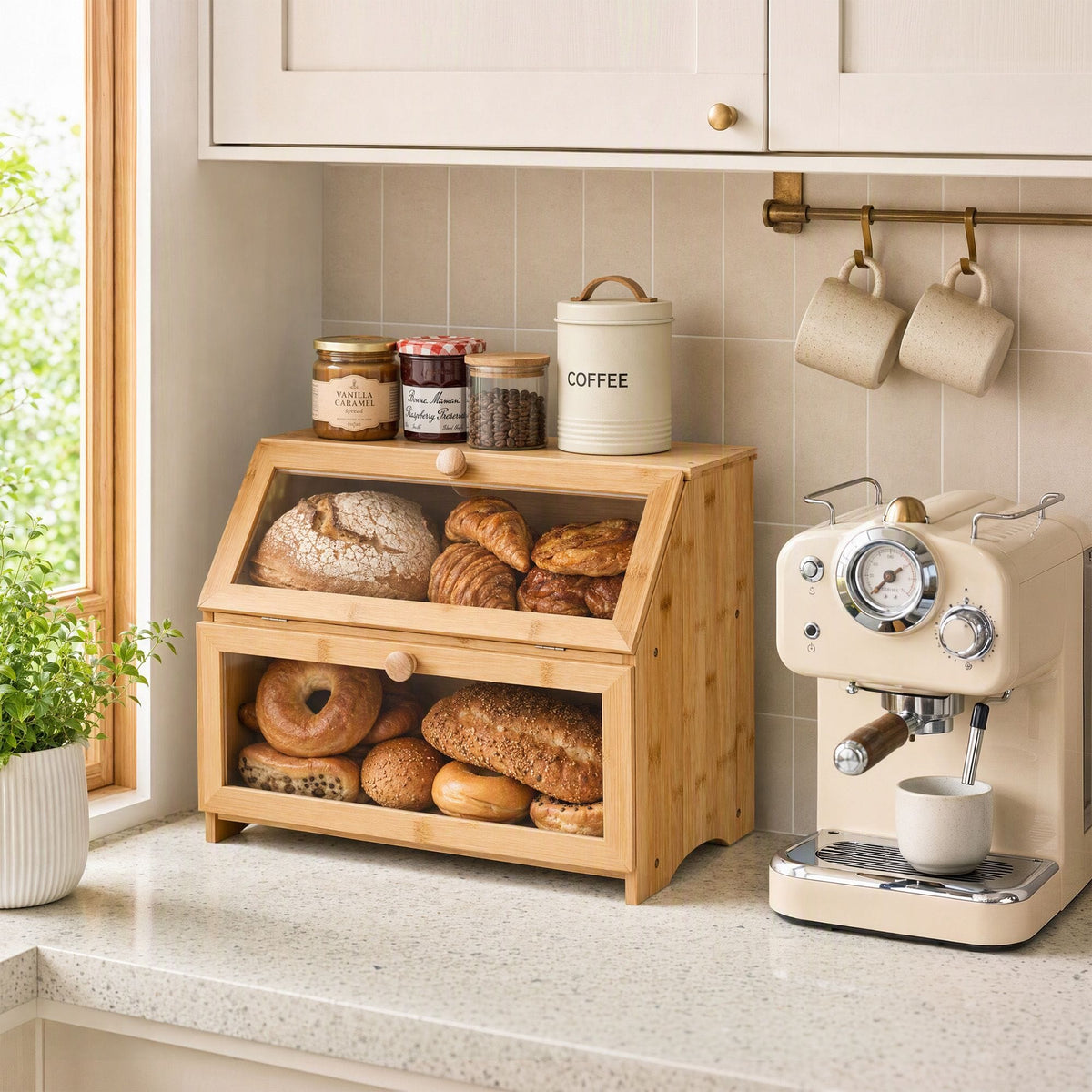 Alona.com.au Home & Garden > Kitchenware > Food Storage Artiss Bamboo Bread Box 2-Tier Kitchen Countertop Storage 39cm Natural