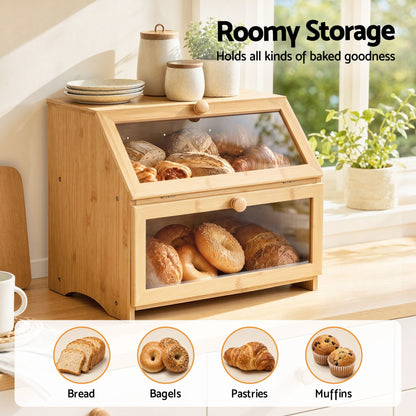 Alona.com.au Home & Garden > Kitchenware > Food Storage Artiss Bamboo Bread Box 2-Tier Kitchen Countertop Storage 39cm Natural