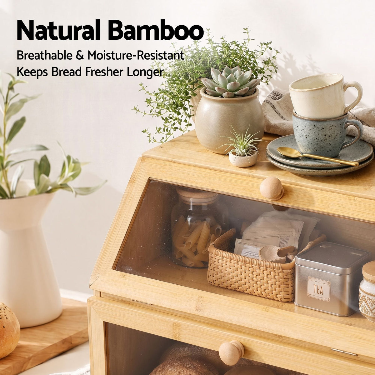 Alona.com.au Home & Garden > Kitchenware > Food Storage Artiss Bamboo Bread Box 2-Tier Kitchen Countertop Storage 39cm Natural