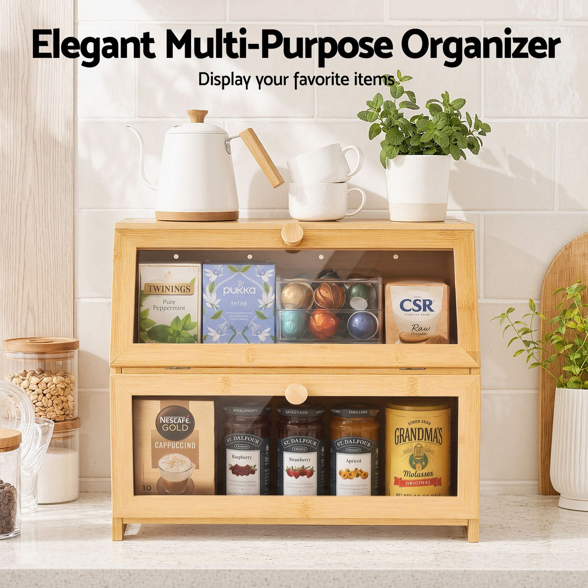 Alona.com.au Home & Garden > Kitchenware > Food Storage Artiss Bamboo Bread Box 2-Tier Kitchen Countertop Storage 39cm Natural