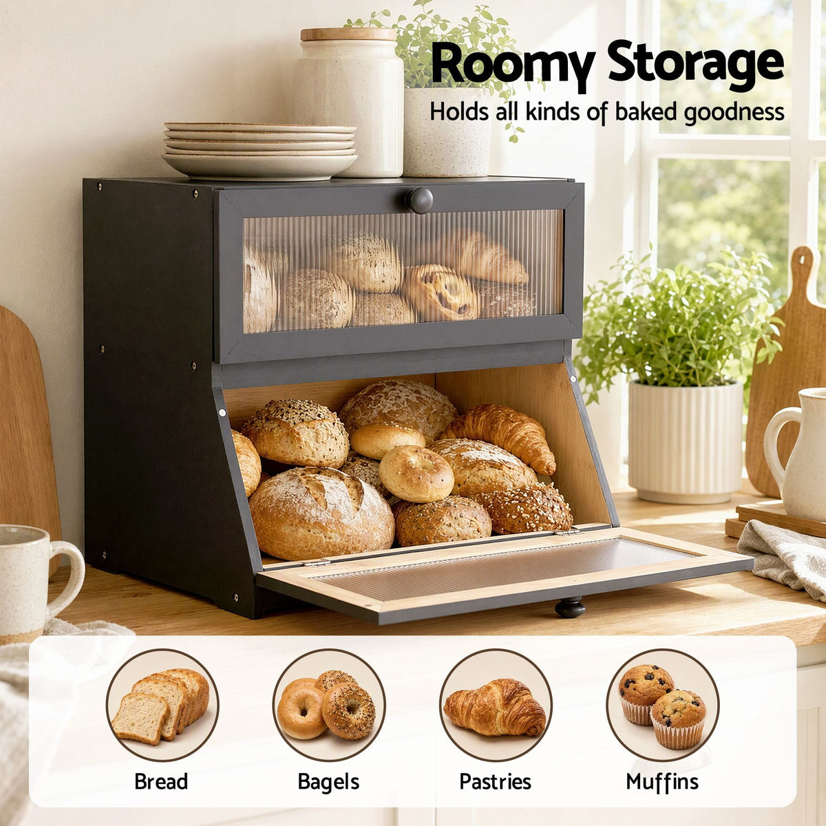 Alona.com.au Home & Garden > Kitchenware > Food Storage Artiss Bamboo Bread Box 2-Tier Kitchen Countertop Storage 40cm Black