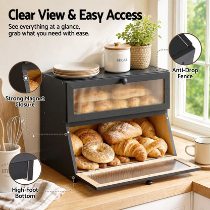 Alona.com.au Home & Garden > Kitchenware > Food Storage Artiss Bamboo Bread Box 2-Tier Kitchen Countertop Storage 40cm Black