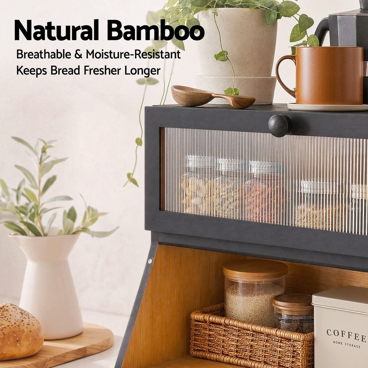 Alona.com.au Home & Garden > Kitchenware > Food Storage Artiss Bamboo Bread Box 2-Tier Kitchen Countertop Storage 40cm Black