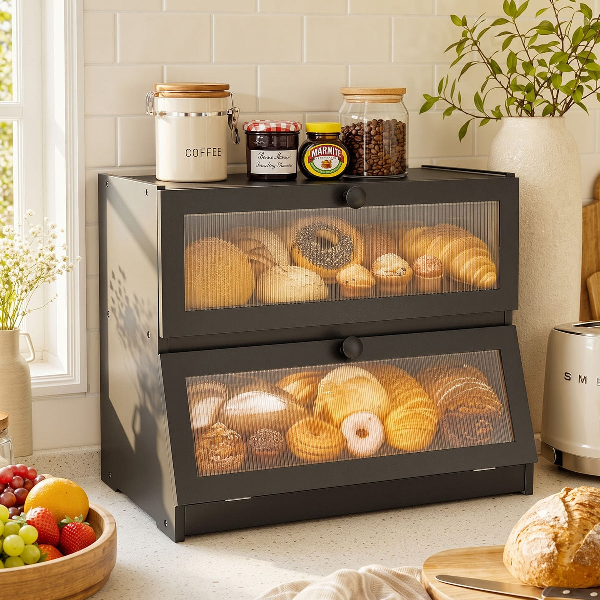 Alona.com.au Home & Garden > Kitchenware > Food Storage Artiss Bamboo Bread Box 2-Tier Kitchen Countertop Storage 40cm Black