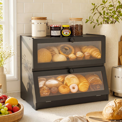 Alona.com.au Home & Garden > Kitchenware > Food Storage Artiss Bamboo Bread Box 2-Tier Kitchen Countertop Storage 40cm Black
