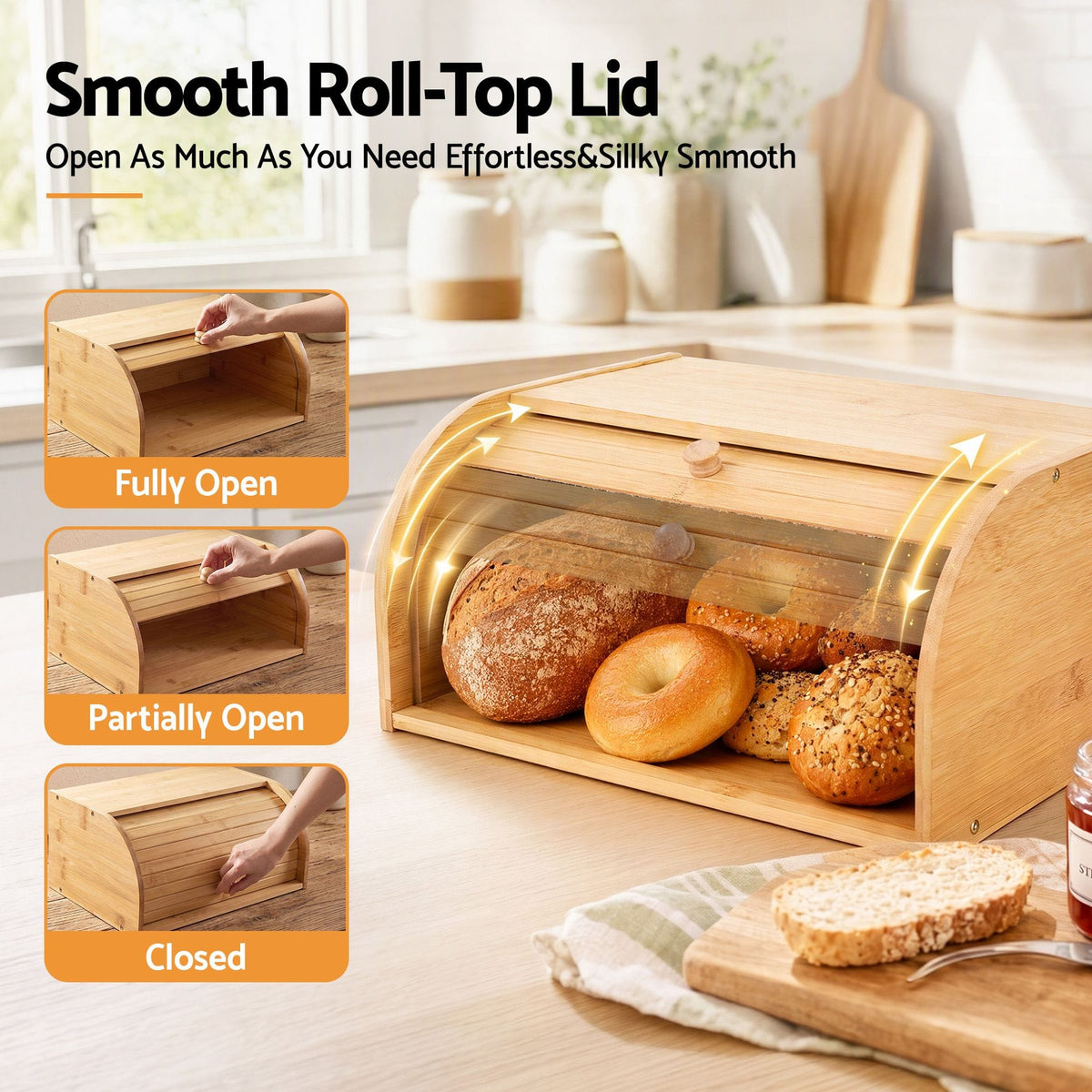 Alona.com.au Home & Garden > Kitchenware > Food Storage Artiss Bamboo Bread Box Bin Roll Top Kitchen Countertop Storage 45cm Natural