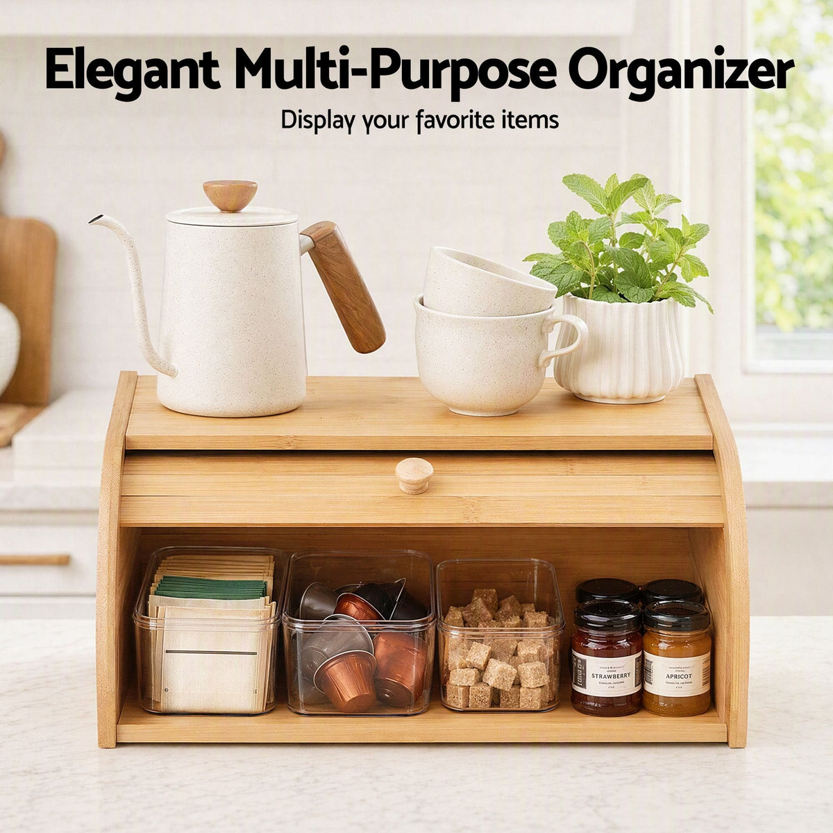 Alona.com.au Home & Garden > Kitchenware > Food Storage Artiss Bamboo Bread Box Bin Roll Top Kitchen Countertop Storage 45cm Natural