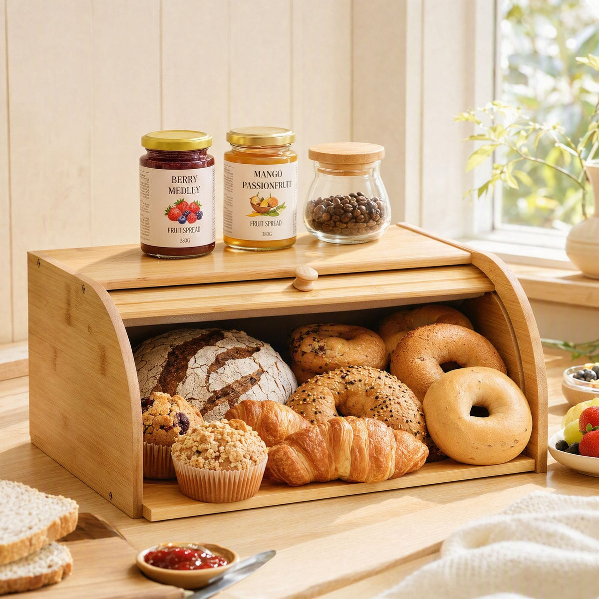 Alona.com.au Home & Garden > Kitchenware > Food Storage Artiss Bamboo Bread Box Bin Roll Top Kitchen Countertop Storage 45cm Natural