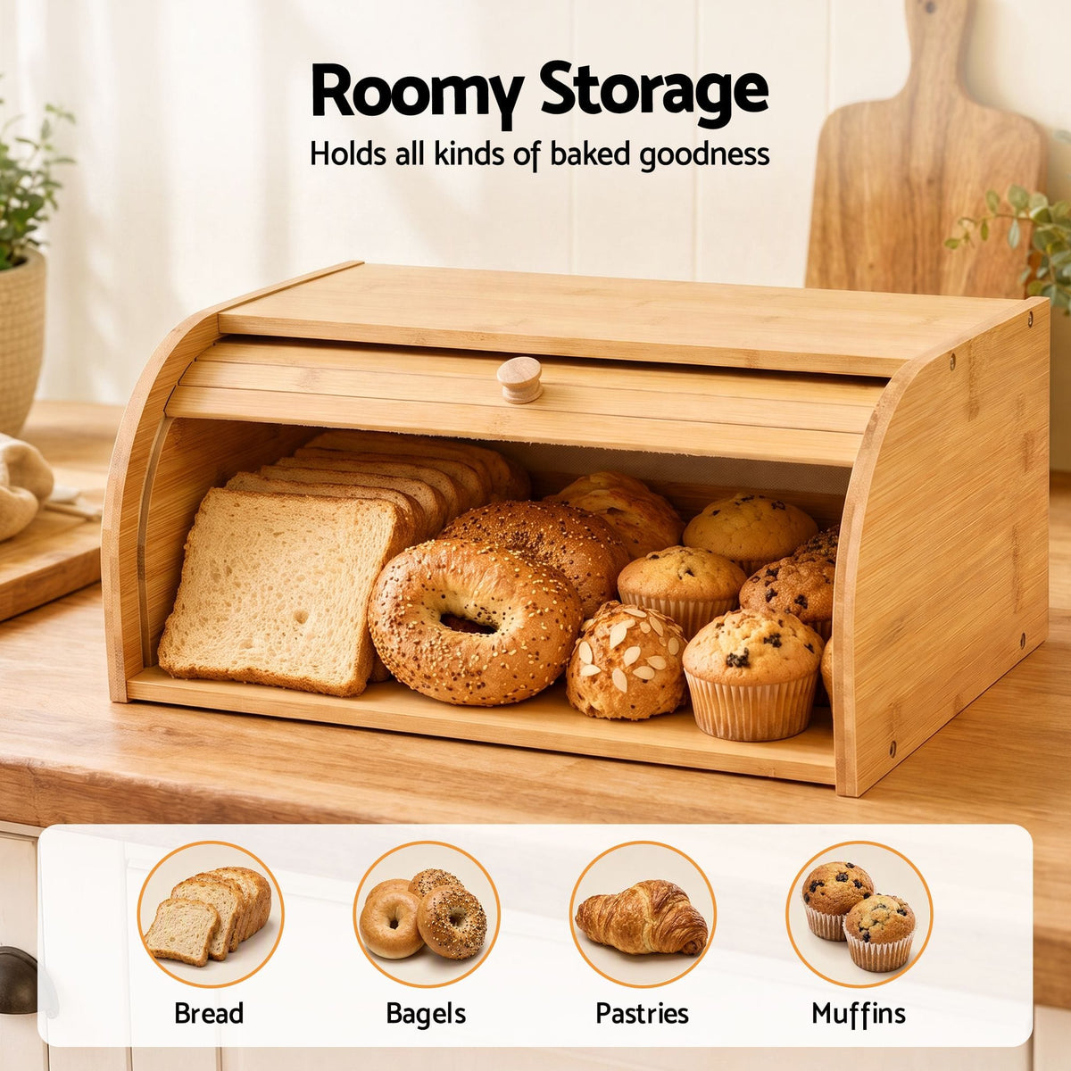 Alona.com.au Home & Garden > Kitchenware > Food Storage Artiss Bamboo Bread Box Bin Roll Top Kitchen Countertop Storage 45cm Natural