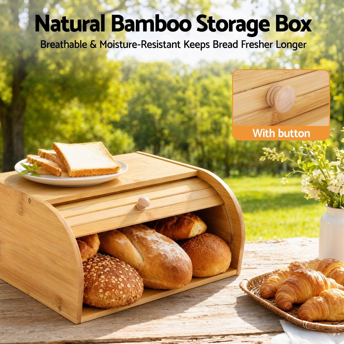 Alona.com.au Home & Garden > Kitchenware > Food Storage Artiss Bamboo Bread Box Bin Roll Top Kitchen Countertop Storage 45cm Natural