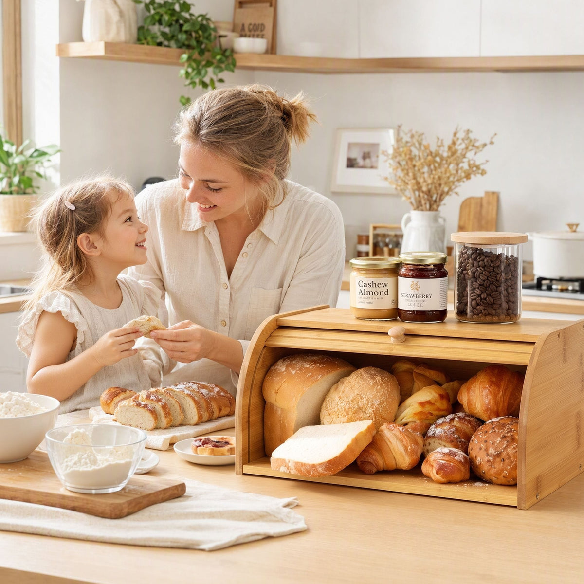 Alona.com.au Home & Garden > Kitchenware > Food Storage Artiss Bamboo Bread Box Bin Roll Top Kitchen Countertop Storage 45cm Natural